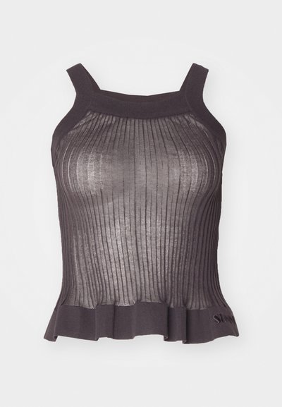 Dark gray ribbed tank top with thin straps, a fitted bodice, and a flared hem. Material appears lightweight and textured with subtle sheen.
