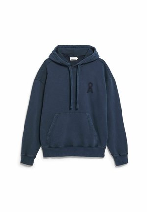 Marineblauer Kapuzenpullover mit Vordertasche, Kordelzug und besticktem Logodetail. Hergestellt aus weichem, strukturiertem Stoff mit lässiger Passform.