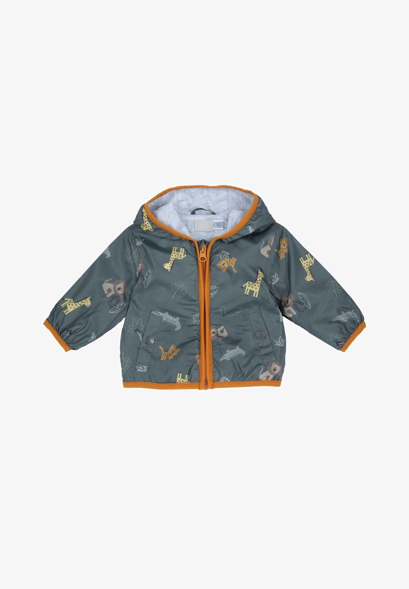 Kinderjacke in Grau mit orangefarbenen Akzenten, ausgestattet mit einem Reißverschluss, Kapuze und Tiermotiven wie Löwen und Giraffen. Leichtes Material.