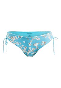 Jasnoniebieskie bikini dolne z kwiatowym wzorem w bieli i brązie. Posiada regulowane boczne wiązania oraz gładką fakturę. Logo marki wewnątrz.