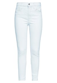 Vaaleansiniset slim-fit farkut, joissa on etunappi, vyölenkit sekä etu- ja takataskut, esitelty valkoisella taustalla.