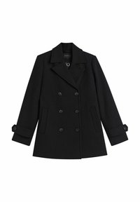 Musta kaksirivinen takki, jossa on lovellinen kaulus, nappikiinnitys ja kaksi sivutaskua. Ominaisuuksiin kuuluu hihnapainikkeet ja sileä kangas.