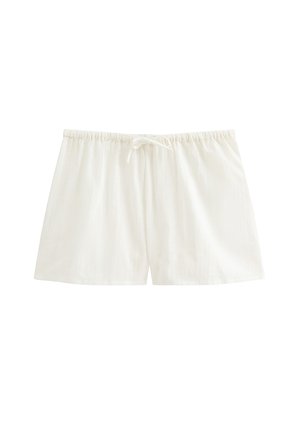 Witte katoenen slaapshorts met elastische tailleband en een vetersluiting aan de voorkant, weergegeven op een effen witte achtergrond.