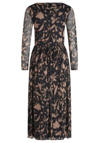 Langärmliges Kleid in Schwarz und Beige mit einem floral-abstrakten Muster, durchsichtigen Ärmeln, Rundhalsausschnitt und gerafftem Bund, das bis zur Mitte der Wade reicht.