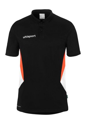 Sort polo med korte ærmer med orange og hvide sidelommer, knappet krave og "uhlsport" logo på brystet.