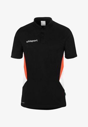 Polo noir à manches courtes avec panneaux latéraux orange et blanc, col boutonné et logo "uhlsport" sur la poitrine.