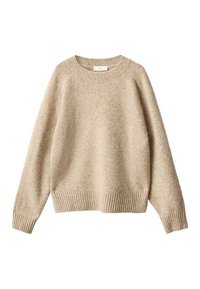 Beige gestrickter Pullover aus weichem, strukturiertem Material. Verfügt über einen runden Ausschnitt, gerippte Bündchen und Saum, hat eine lockere Passform und überschnittene Schultern.