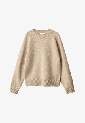 Pull en tricot beige fabriqué en matériau doux et texturé. Il présente un col rond, des poignets et un ourlet côtelés, avec une coupe décontractée et des épaules tombantes.