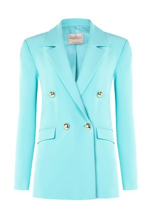 Blazer doppiopetto azzurro chiaro realizzato in tessuto morbido. Presenta bottoni dorati, maniche lunghe e tasche laterali.