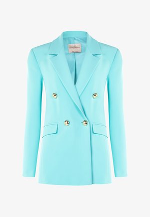 Blazer doppiopetto azzurro chiaro realizzato in tessuto morbido. Presenta bottoni dorati, maniche lunghe e tasche laterali.