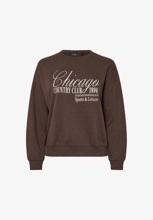 Brauner Sweatshirt mit langen Ärmeln und gerippten Bündchen. Mit weißem Text: "Chicago Country Club 1996 Sports & Leisure." Weicher Stoff.