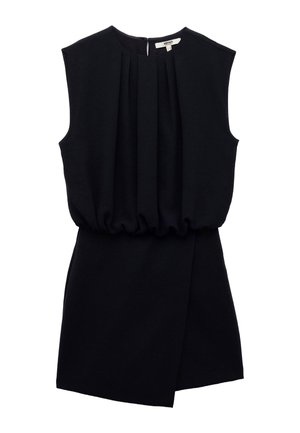 Vestito nero senza maniche con corpetto plissettato, vita arricciata e orlo inclinato. Realizzato in un tessuto liscio e texture.