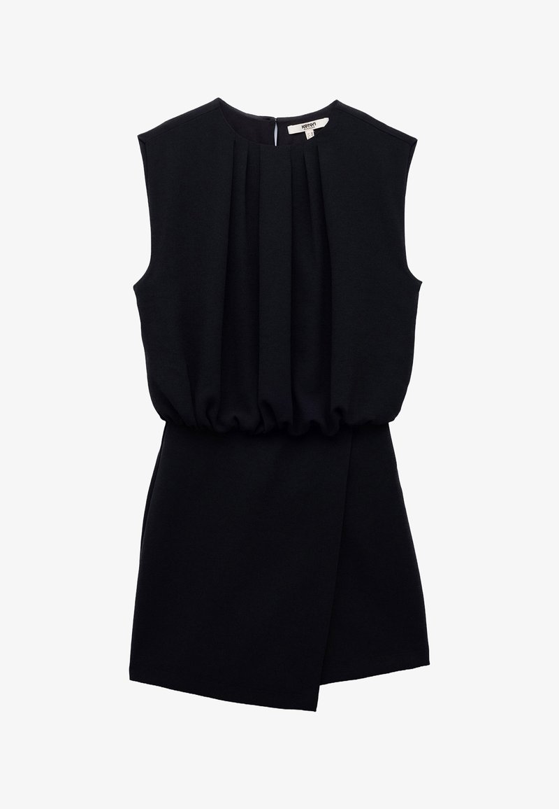 Vestito nero senza maniche con corpetto plissettato, vita arricciata e orlo inclinato. Realizzato in un tessuto liscio e texture.