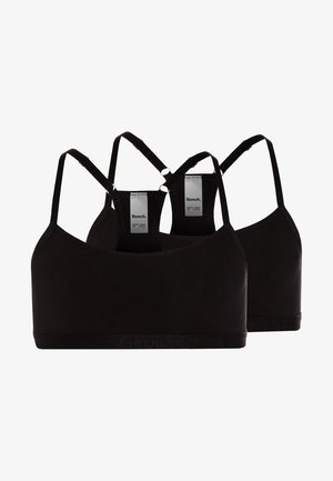 Bralettes pretos crop-top com alças ajustáveis e uma textura suave. Apresentam detalhes de rótulo e uma banda elástica na parte inferior.
