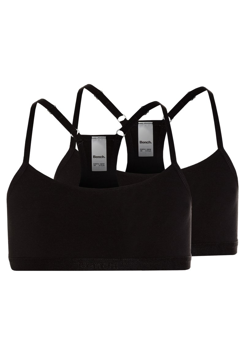 Svart crop-top bralette med justerbare stropper og en glatt tekstur. Har merkevare-detaljering og et elastisk bånd nederst.
