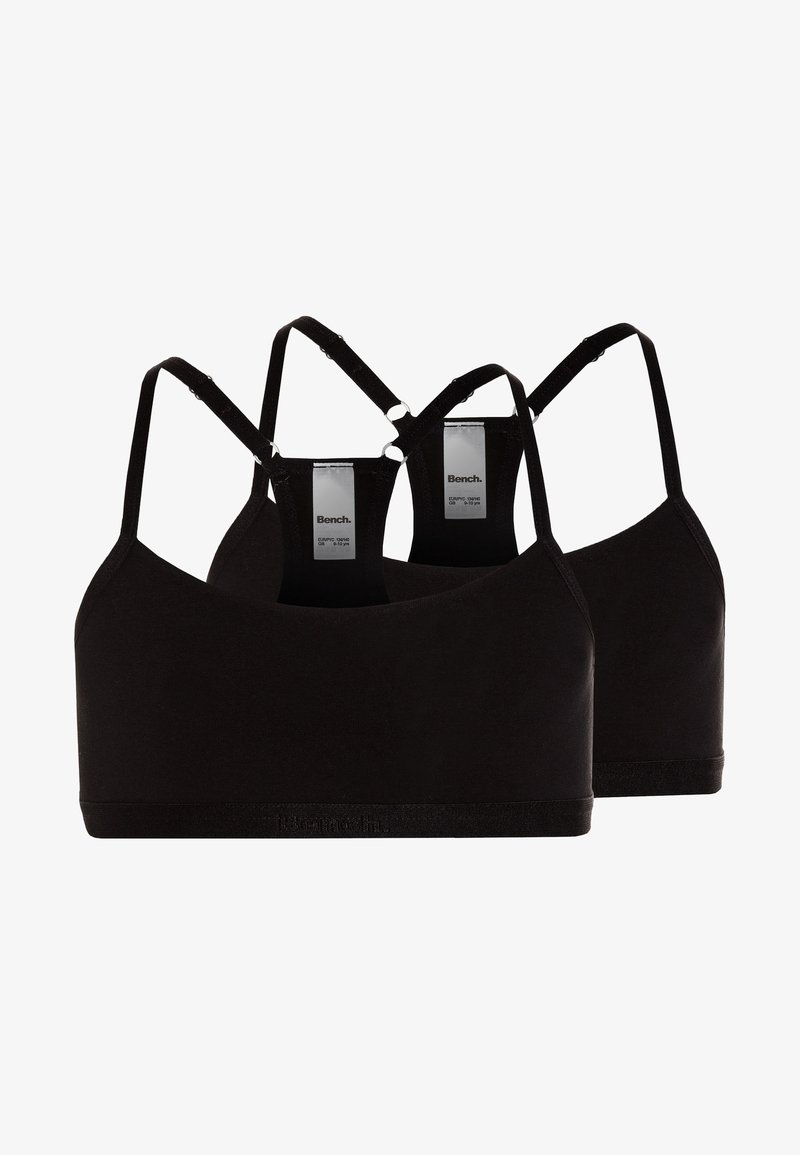 Čierne crop-top braletky s nastaviteľnými ramienkami a hladkou textúrou. Obsahuje detail s označením a elastický pás na spodnej časti.