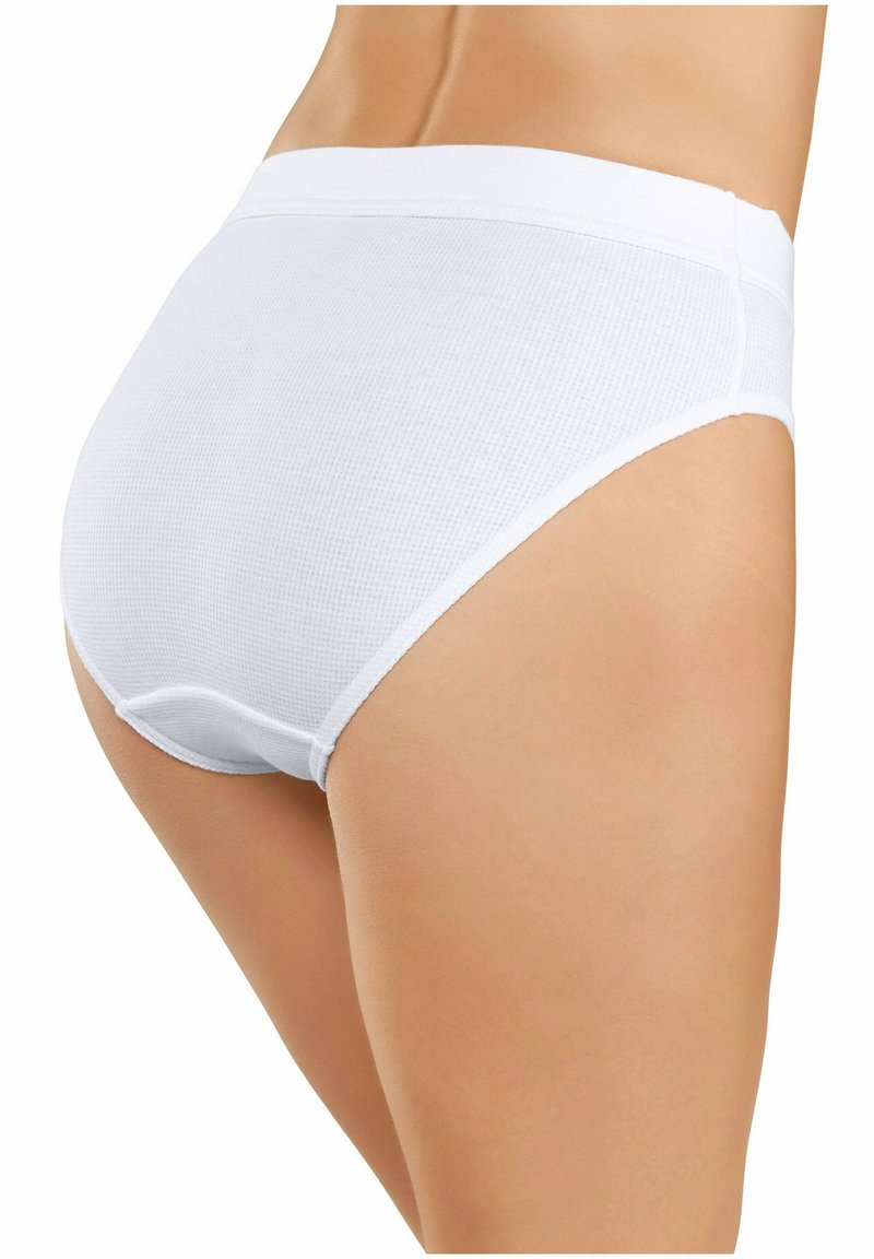 Witte hoge katoenen slip met een textuur op het oppervlak en een zachte elastische tailleband, met een naadloos ontwerp langs de beenopeningen.