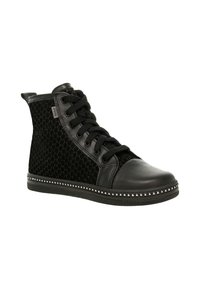 Sneaker alte nere con tessuto esagonale testurizzato e accenti in pelle liscia. Punta rinforzata e suola con dettagli borchiati.