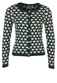 Zielony kardigan z białym wzorem serca, długie rękawy, okrągły dekolt, zapięcie na guziki z przodu oraz ściągacze przy rękawach i u dołu. Miękka dzianina.