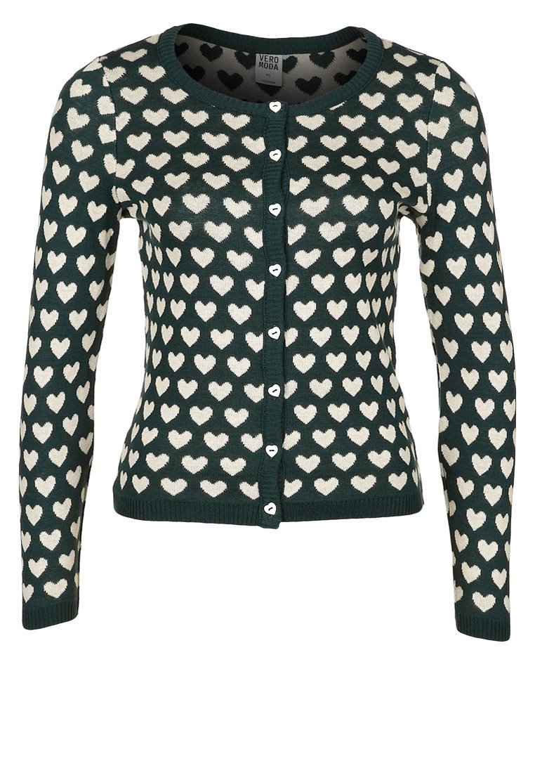Zielony kardigan z białym wzorem serca, długie rękawy, okrągły dekolt, zapięcie na guziki z przodu oraz ściągacze przy rękawach i u dołu. Miękka dzianina.