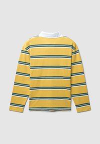 Langarmshirt in Gelb mit grünen und weißen horizontalen Streifen, aus weichem Baumwollstoff und mit einem weißen Polokragen. Rückansicht gezeigt.