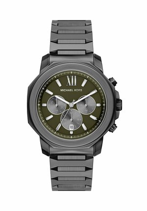 Montre-bracelet Michael Kors en acier inoxydable noir avec cadran vert, trois sous-cadrans, index argentés, chiffre romain XII et affichage de la date à 6 heures.