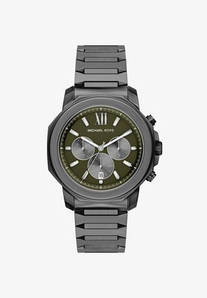 Czarny zegarek na rękę Michael Kors ze stali nierdzewnej z zieloną tarczą, trzema subtarczami, srebrnymi wskazówkami, rzymską cyfrą XII oraz datownikiem na godzinie 6.