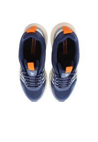 Navy sneakers with a textile upper, white accents, and orange pull tab. Lace-up design and padded collar for comfort. Flat rubber sole.