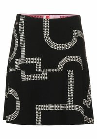 Svart kjol med vitt geometriskt kedje-länkmönster och en lätt A-linjeform.