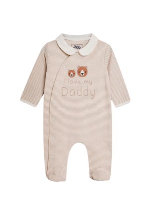 Beżowy i biały paskowany śpioszek dla niemowląt z osłonami na stopy, białym kołnierzykiem, misiowymi buźkami i wyszywanym napisem „I love my Daddy” z przodu.