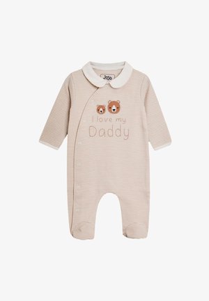 Beigefarbener und weiß gestreifter Babyschlafanzug mit Füßchen, weißem Kragen, Bärengesichtern und besticktem Text „Ich liebe meinen Papa“ auf der Vorderseite.