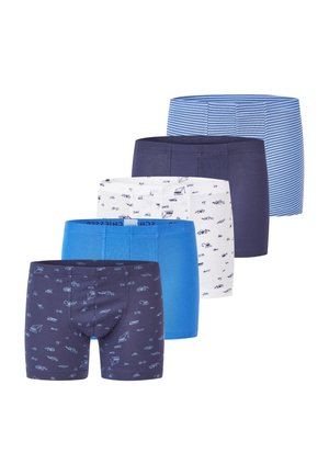 Five pairs of men's boxer briefs in blue tones, including solid colors, stripes, and vehicle-themed prints, arranged in a staggered stack.