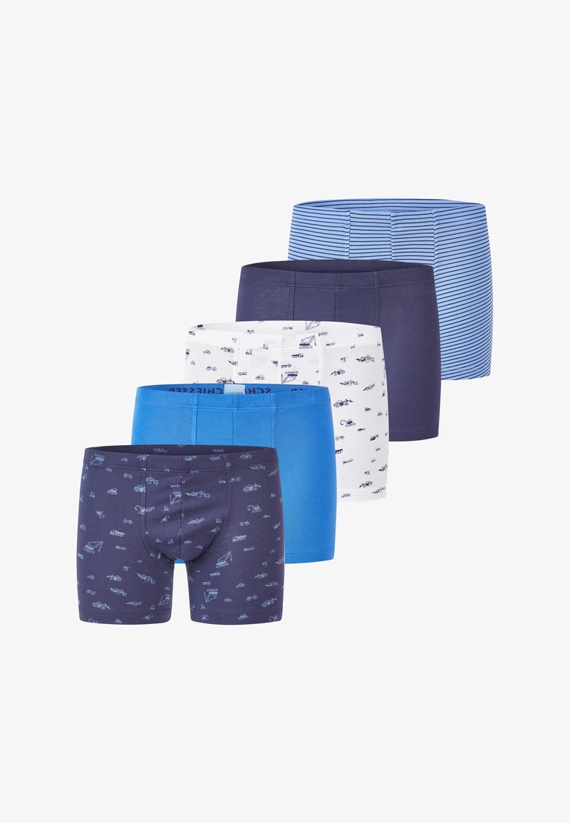 Fünf Herren-Boxershorts in Blautönen, darunter einfarbige, gestreifte und mit Fahrzeugmotiven bedruckte Paare, in einer versetzten Stapelung angeordnet.