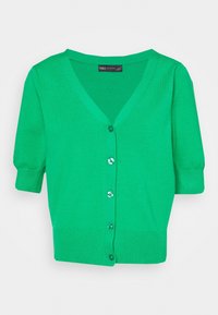 Cardigan verde a maniche corte in morbido knit, con scollatura a V e chiusure con sei bottoni, con orlo e polsini a coste.