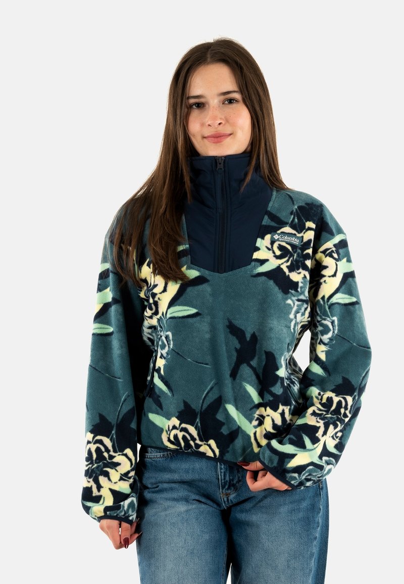 Sudadera de forro polar con un patrón floral en tonos azul verdoso, navy y amarillo. Presenta un cuello alto con cremallera y un corte holgado.