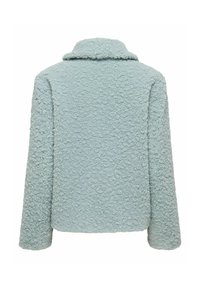 Light blue, textured fleece jacket with a notched collar and long sleeves. Features a relaxed fit and soft fabric surface.