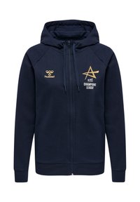 Navy blauw fleece hoodie met rits en een trekkoord capuchon. Bevat gouden branding, inclusief "EHF" en "CHAMPIONS LEAGUE" op de voorkant.