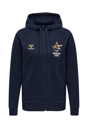 Marineblå zip-up hoodie lavet af fleece med justerbar hætte. Har gyldent branding, inklusiv "EHF" og "CHAMPIONS LEAGUE" på forsiden.