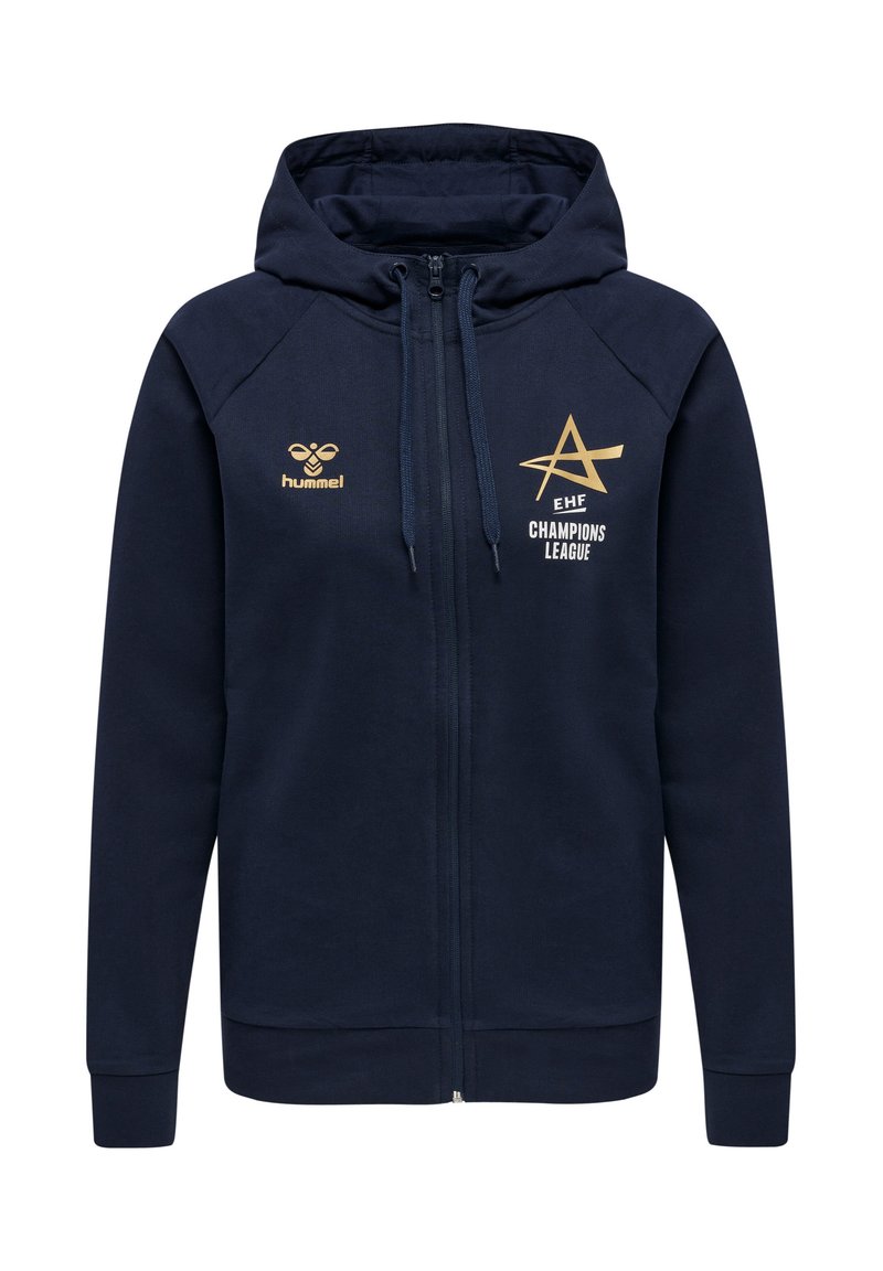 Navy blauw fleece hoodie met rits en een trekkoord capuchon. Bevat gouden branding, inclusief "EHF" en "CHAMPIONS LEAGUE" op de voorkant.