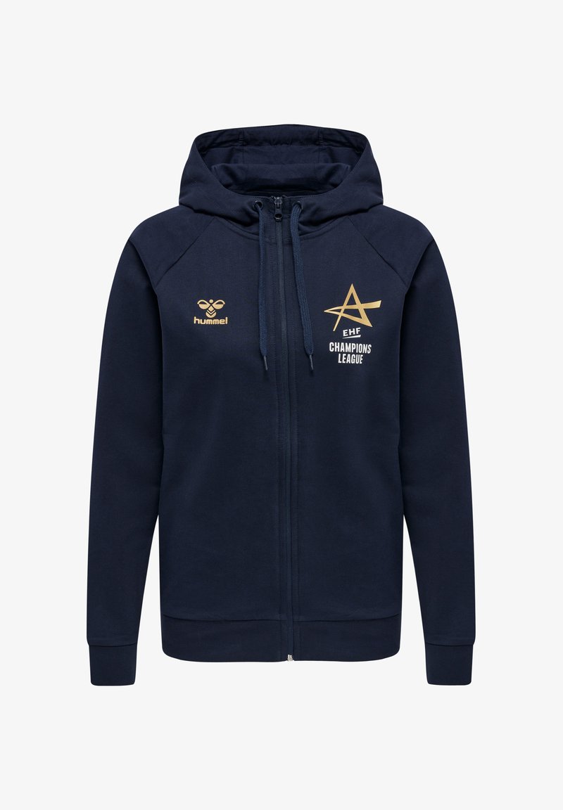 Navy blauw fleece hoodie met rits en een trekkoord capuchon. Bevat gouden branding, inclusief "EHF" en "CHAMPIONS LEAGUE" op de voorkant.