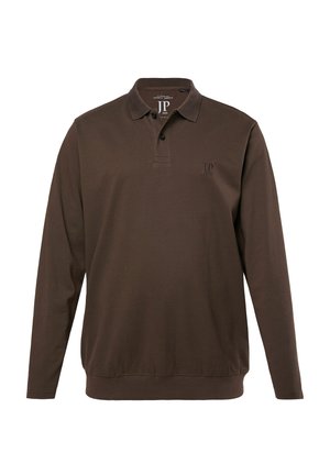 Bruine poloshirt met lange mouwen van gestructureerde stof, met een kraag, een knoopsluiting met drie knopen en een subtiele geborduurde logo op de borst.