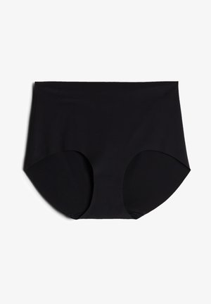 Bragas negras de talle alto hechas de una suave tela elástica con aberturas de pierna ligeramente curvadas. Sin costuras visibles ni adornos.