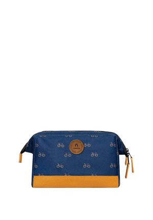 Blue canvas pouch featuring a bicycle print, brown logo patch, and yellow leather base. Includes a top zipper with dual zipper pulls.