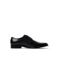 Zapato de vestir de cuero negro con puntera redondeada, superficie lisa y tacón bajo. Presenta cordones y sutiles detalles de costura en los laterales.