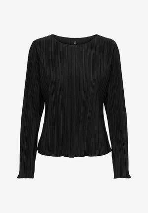 Zwarte lange mouw top van geplooide stof met een ronde halslijn en een relaxte pasvorm. Kenmerkt zich door getextureerde verticale lijnen en zachte randen.