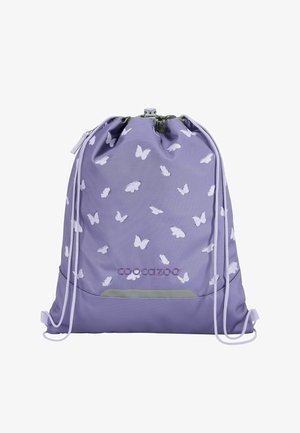 Hellviolette Kordelzugtasche mit Schmetterlingsmustern, reflektierendem Streifen und Markenlogo auf der Vorderseite.