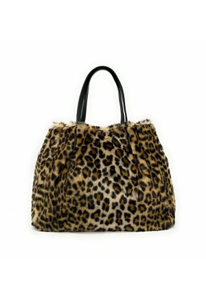 Faux fur handbag with leopard print pattern and black leather shoulder straps on a white background.