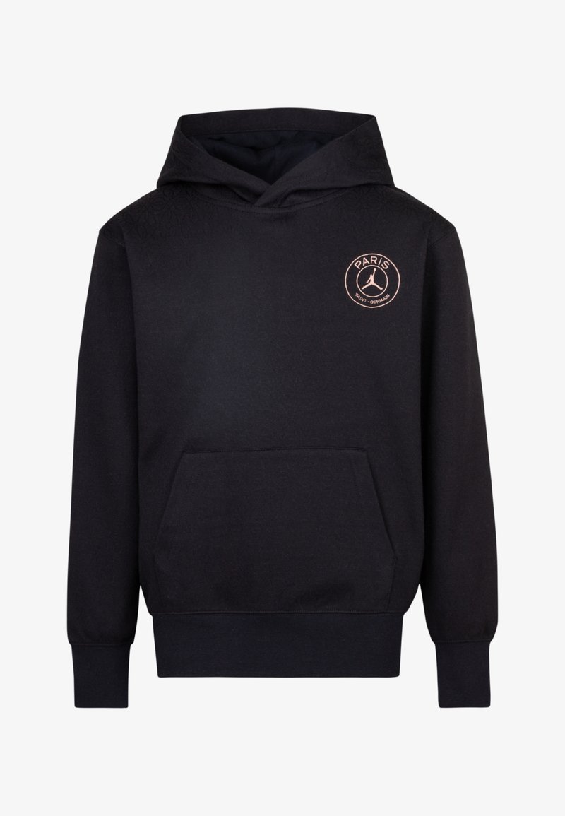 Svart huva av bomullsblandning med en framficka. Har en cirkulär logotyp i roséguld med texten "PARIS". Elastiska ärmslut och nederkant.