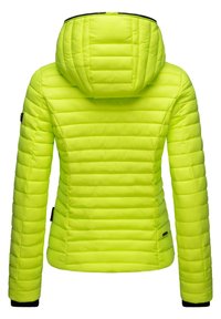 Lime green puffer jacket with a hood, quilted design, and slim fit. Includes black cuffs and zippers for added detail.