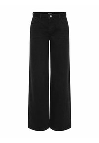 Pantalons en denim noirs à jambes larges avec une taille haute, dotés d'une fermeture à bouton à l'avant, de deux poches latérales et d'un design classique à cinq poches.